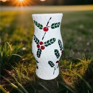 Stained Glass Mosaic Christmas Holly Leaf Hurricane Candle Cover